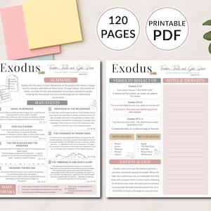 May include: A printable PDF study guide for Exodus, featuring 120 pages. The guide includes summaries, main events, verses to reflect on, notes, and key figures. The design is in black and white with pink accents.