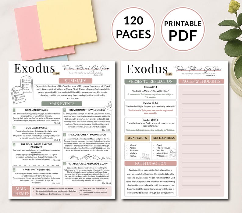 May include: A printable PDF study guide for Exodus, featuring 120 pages. The guide includes summaries, main events, verses to reflect on, notes, and key figures. The design is in black and white with pink accents.