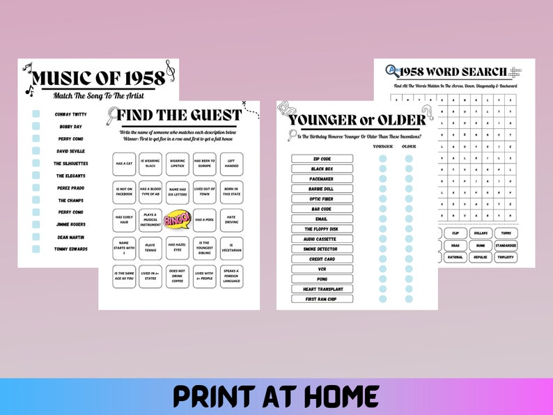 65th Birthday Party Games, Born in 1958 Birthday Games, Printable 16 ...