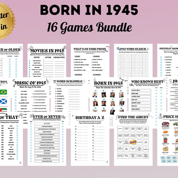 78th Birthday Party Games, Born in 1945 Birthday Games, Printable 16 Game Bundle, 1945 Trivia, Ever or Never, Bingo, Music, Instant Download