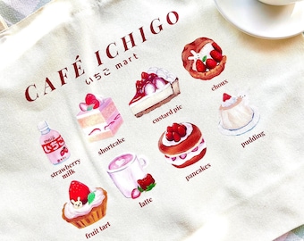 Strawberry Cafe Dessert Menu Tote Bag with Zipper - Ichigo Mart Cafe Shoulder Canvas Tote Bag for School, Work, Travel, and more