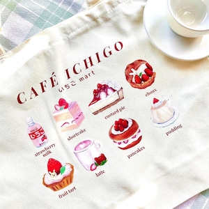 Strawberry Cafe Dessert Menu Tote Bag with Zipper - Ichigo Mart Cafe Shoulder Canvas Tote Bag for School, Work, Travel, and more