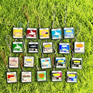 Peut inclure: Une collection de mini-cartouches de jeux Nintendo DS, chacune avec un titre de jeu différent et un schéma de couleurs distinct, attachées à un cordon. Les cartouches sont disposées sur une surface verte texturée.