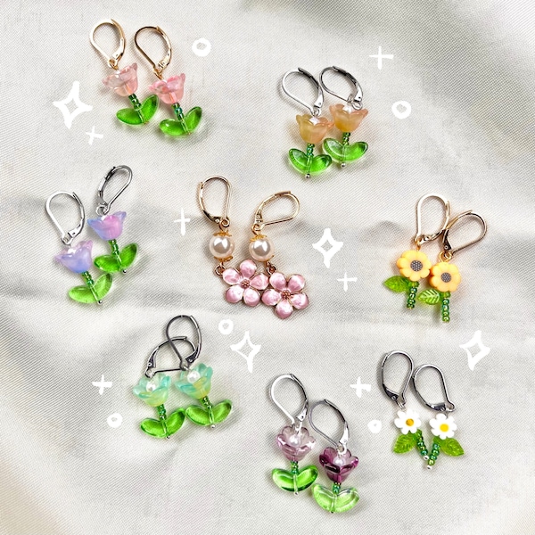 Tulip, Lily, Sunflower, Floral Drop Silver & Gold Earrings (Hypoallergenic) with Leverback Hoops