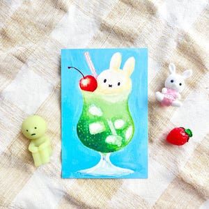 6 x 4 in - Bunny Melon Cream Soda Art Print - Asian cafe aesthetic, white rabbit character