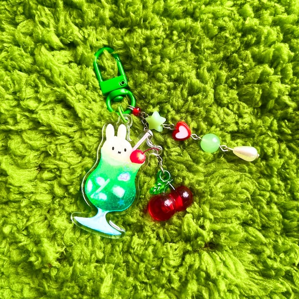 Adorable White Bunny Melon Cream Soda Acrylic Keychain - Asian Cafe Drink Charm