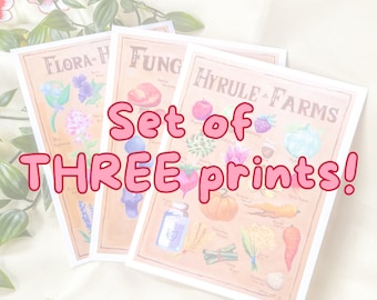 Set of THREE Legend of Zelda: Breath of The Wild and Tears of The Kingdom Hyrule Postcard Posters and Art Illustration Botanical Desk Prints