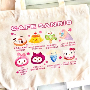 Sac fourre-tout Kawaii Characters Cafe Menu avec fermeture éclair - Adorable sac fourre-tout en toile à bandoulière pour l'école, le travail, les voyages, etc.