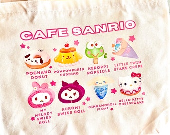 Sanrio Cafe Menu Tote Bag with Zipper - Adorable Shoulder Canvas Tote Bag for School, Work, Travel, and more