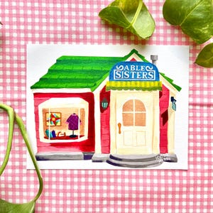 5.5 x 4.2 in Able Sisters-Inspired Storefront Illustration Small Print, Tailor Shop Inspired by Cozy Game Fashion Boutiques, ACNH
