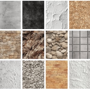 Peut inclure: Un collage de 12 surfaces texturées différentes, y compris du béton, de la pierre, du bois et de la brique. Les textures sont disposées en grille.