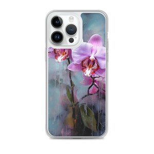 May include: A clear phone case with a design of pink orchids on a blue and white watercolor background.
