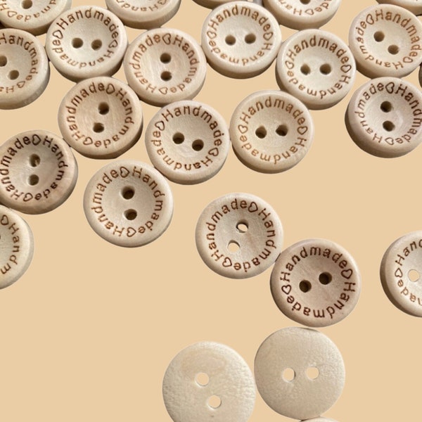 10 Wooden Craft Buttons with handmade printed around the inside and a heart- 15mm