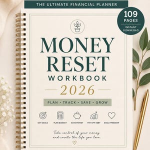 Utskrivbar finansiell planerare 2026, arbetsbok för återställning av pengar i PDF-format, budget- och skuldspårning, sparutmaning, GoodNotes-ekonomimall A4