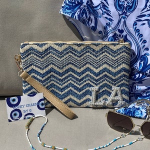 Personalised straw blue clutch bag.  Wristlet.  Wedding guest bag. Beach bag. Evening clutch.