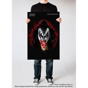 May include: A black and white illustration of Gene Simmons from the rock band KISS. The image is set against a black background with red splatters of paint. The text "KISS" and "GENE SIMMONS" are visible at the top of the image.