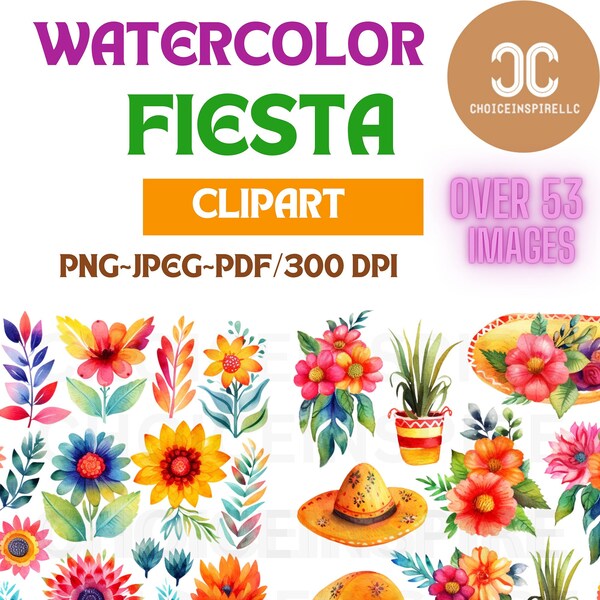 Watercolor Fiesta Flowers Clipart Png-Mexican Images Png- Outdoor Cute Png- Craft Png- Watercolor Png-Clip Art Instant download