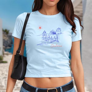 Santorini Greece Baby Tee Shirt Summer Tshirt Vacation Travel Shirt Graphic Baby Tee Summer Crop Top