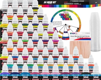 Art Supply 54 Color Ultimate Airbrush Acrylic Paint Set with Cleaner, Thinner, 100-Plastic Mixing Cups