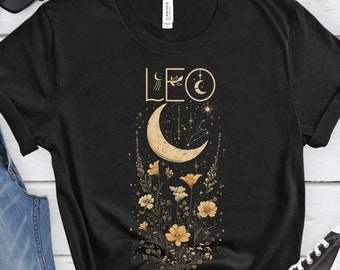 Leo Zodiac Vintage Shirt, Celestial Leo Mystic Moon Tee, Boho Mystical Gift for Her, Astrology Horoscope Birthday Gifts, Spiritual Lion Gift