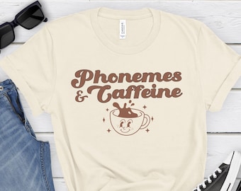Retro Reading Teacher Shirt,Funny Reading Specialist Coffee Lover Teacher Gift,Phonemes and Caffeine T-Shirt,Science of Reading,1st Grade