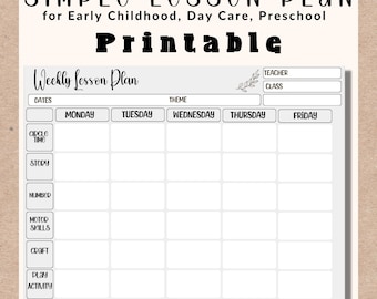 Simple Weekly Lesson Plan Template-Preschool/PreK/ Kindergarten/Daycare-Instant Download-PDF-Printable, Early Childhood Lesson Plan Template