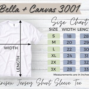 Op de afbeelding: Maattabel voor een unisex jersey t-shirt met korte mouwen van Bella + Canvas 3001. De tabel toont maten S tot en met 3X met de bijbehorende breedte- en lengtemaat in inches.