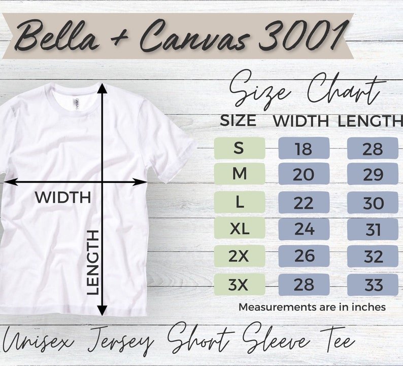 Op de afbeelding: Maattabel voor een unisex jersey t-shirt met korte mouwen van Bella + Canvas 3001. De tabel toont maten S tot en met 3X met de bijbehorende breedte- en lengtemaat in inches.