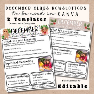 Plantilla editable del boletín de clase de diciembre, boletín de clase, tema de vacaciones de invierno, comunicación entre padres y cuidadores, folleto imprimible