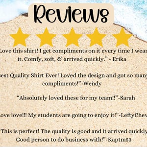 May include: Image featuring the word "Reviews" in a script font, with five gold star ratings. Below the stars are customer testimonials about a shirt, including comments on comfort, design, and quick delivery. The background is a sandy beach.