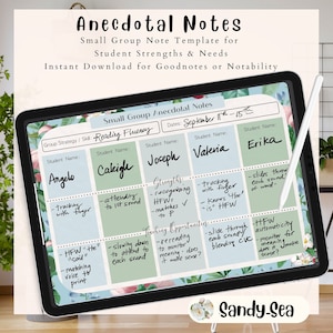 Puede incluir: Una tableta digital que muestra una plantilla imprimible para registrar las fortalezas y necesidades de los estudiantes en sesiones de fluidez de lectura en grupos pequeños. La plantilla se titula "Notas anecdóticas" e incluye secciones para los nombres de los estudiantes, las fechas, la estrategia de grupo, las fortalezas y las oportunidades de enseñanza. La plantilla está diseñada para usarse con las aplicaciones Goodnotes o Notability.