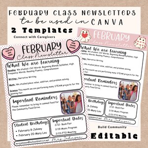 February Classroom Newsletter Editable Template,Class Newsletter,Heart Valentine Theme Parent Caregiver Communication,Printable Handout