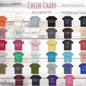 Op de afbeelding: Kleurenkaart voor Bella + Canvas 3001 unisex jersey t-shirts met korte mouwen. De kaart toont 36 verschillende kleuropties, waaronder rood, blauw, groen, geel, zwart, wit en grijs.