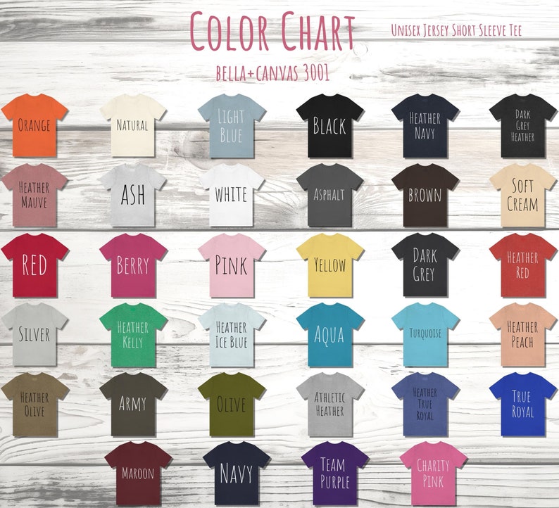 Op de afbeelding: Kleurenkaart voor Bella + Canvas 3001 unisex jersey t-shirts met korte mouwen. De kaart toont 36 verschillende kleuropties, waaronder rood, blauw, groen, geel, zwart, wit en grijs.