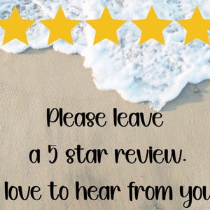 May include: Image with a beach background, foamy white waves, and five gold stars. Text reads, "Please leave a 5 star review. I love to hear from you!"