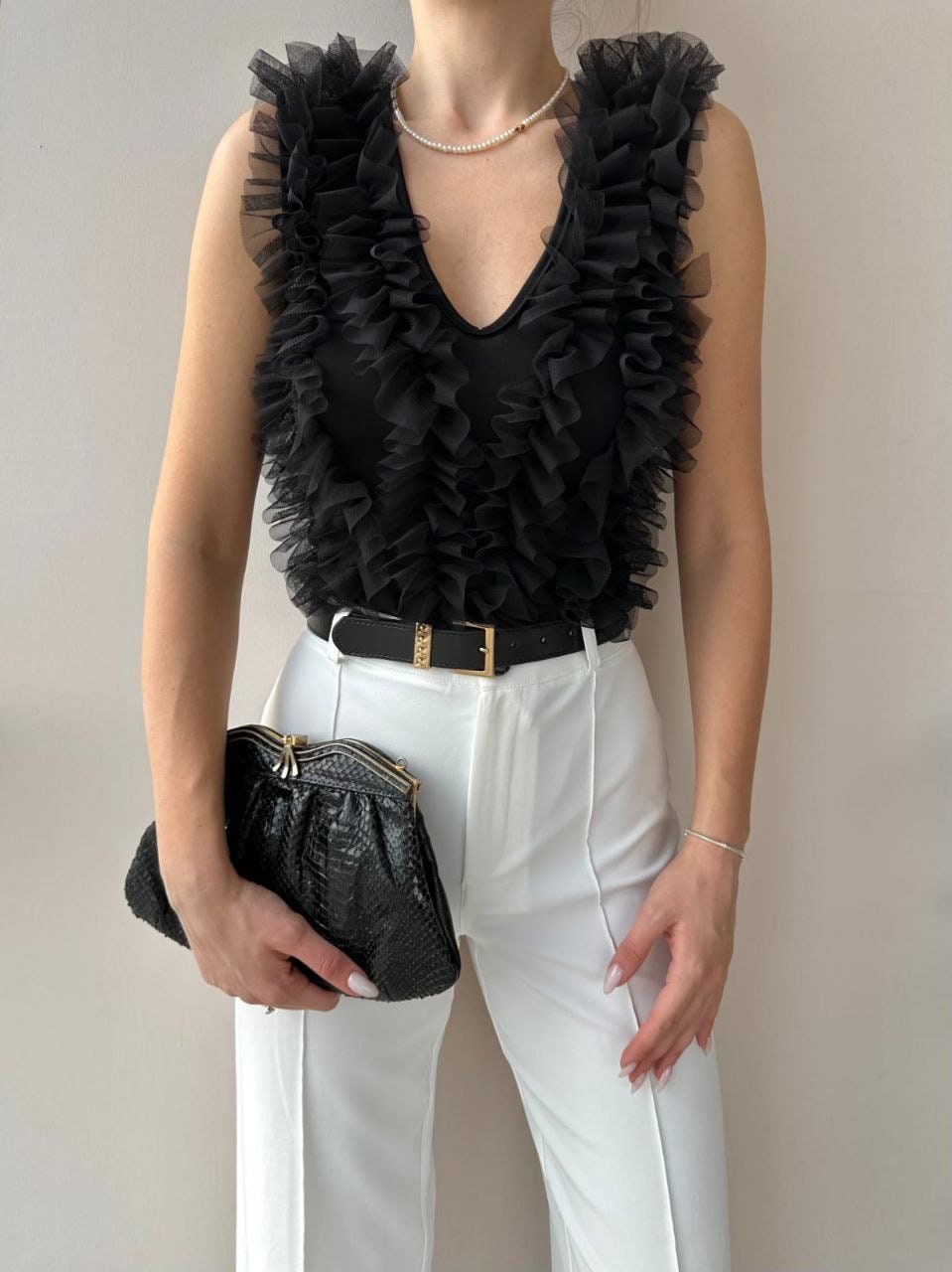 Sleeveless Deep V-Neck Cross Back Sequin Black Bodysuit