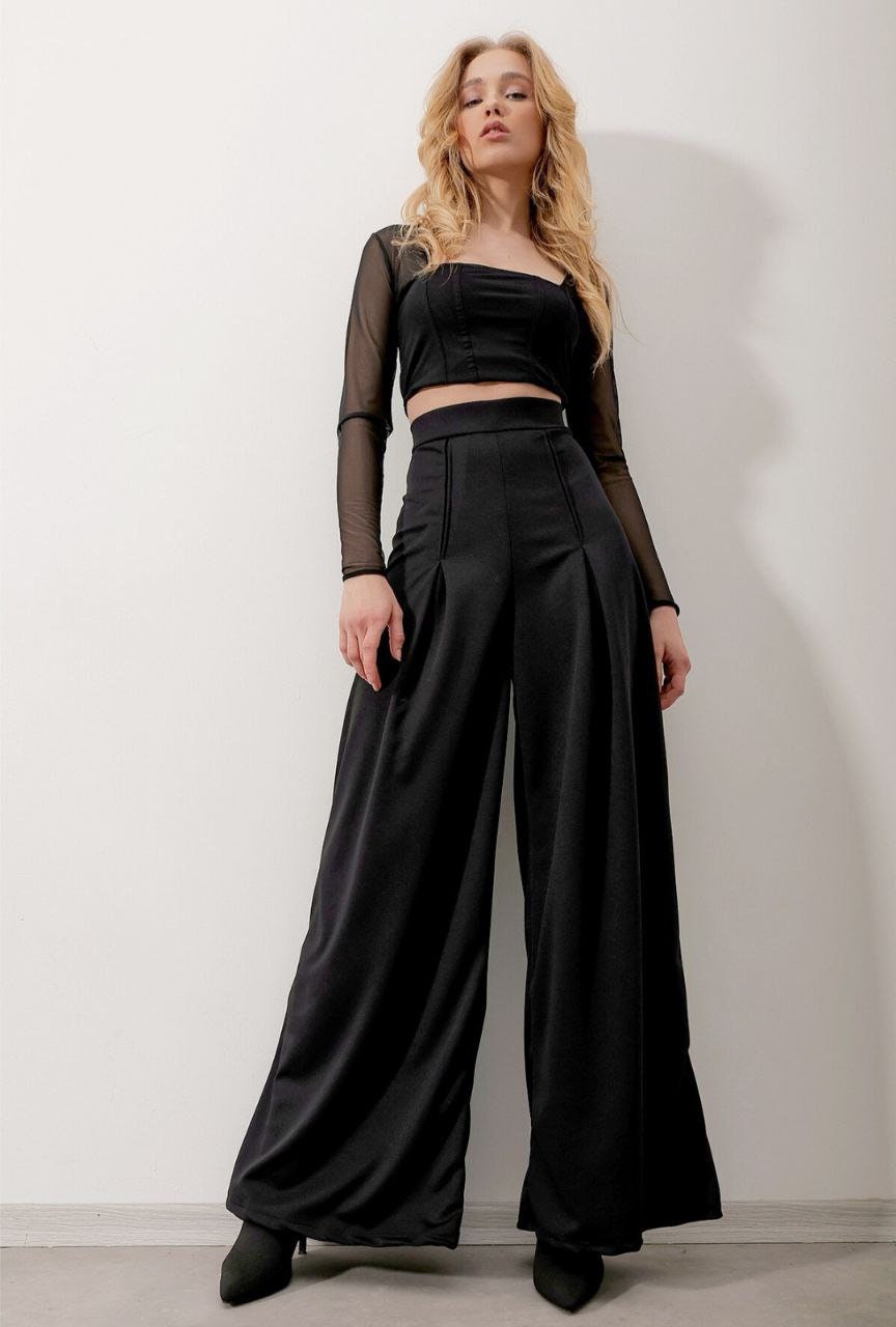 Black Super High Waisted Belted Wide Leg Pants