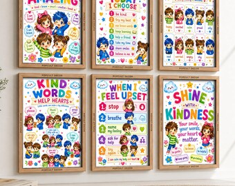 Kids Classroom Poster Set, Kawaii SEL Wall Art Prints, Calm Corner, Feelings Chart & Kindness Decor, Set of 6