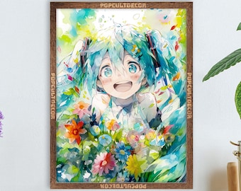 Popular Anime Virtual Singer Poster Cute Moe - Watercolor wall decor Art Print Gift Fabric, tapestry Canvas, kids room, bedroom, waifu otaku