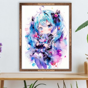 Popular Anime Virtual Singer Poster Cute Moe - Watercolor wall decor Art Print Gift Fabric, tapestry Canvas, kids room, bedroom, waifu otaku