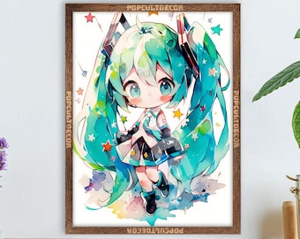 Popular Anime Virtual Singer Poster Cute Moe - Watercolor wall decor Art Print Gift Fabric, tapestry Canvas, kids room, bedroom, waifu otaku