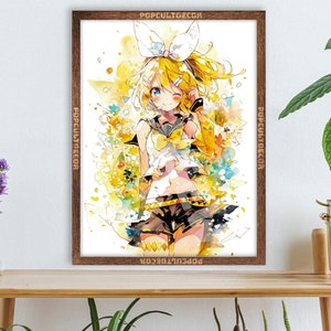 Può includere: Una stampa incorniciata di un personaggio anime colorato con capelli gialli e un abito giallo e bianco. Il personaggio è circondato da fiori gialli e uno sfondo bianco. La cornice è in legno marrone.