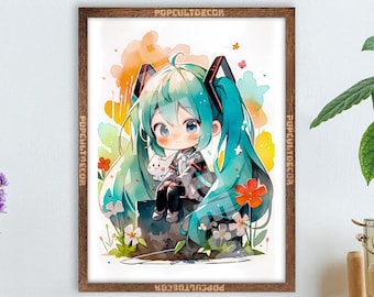 Popular Anime Virtual Singer Poster Cute Moe - Watercolor wall decor Art Print Gift Fabric, tapestry Canvas, kids room, bedroom, waifu otaku