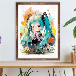 Popular Anime Virtual Singer Poster Cute Moe - Watercolor wall decor Art Print Gift Fabric, tapestry Canvas, kids room, bedroom, waifu otaku