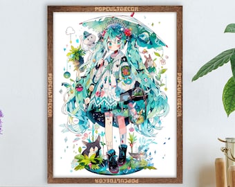 Popular Anime Virtual Singer Poster Cute Moe - Watercolor wall decor Art Print Gift Fabric, tapestry Canvas, kids room, bedroom, waifu otaku