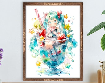 Popular Anime Virtual Singer Poster Cute Moe - Watercolor wall decor Art Print Gift Fabric, tapestry Canvas, kids room, bedroom, waifu otaku
