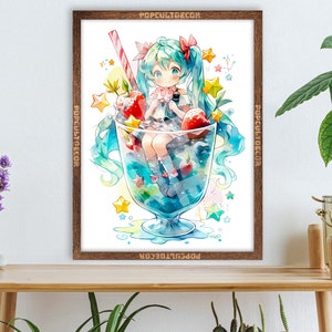 Popular Anime Virtual Singer Poster Cute Moe - Watercolor wall decor Art Print Gift Fabric, tapestry Canvas, kids room, bedroom, waifu otaku