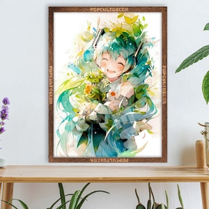 Popular Anime Virtual Singer Poster Cute Moe - Watercolor wall decor Art Print Gift Fabric, tapestry Canvas, kids room, bedroom, waifu otaku