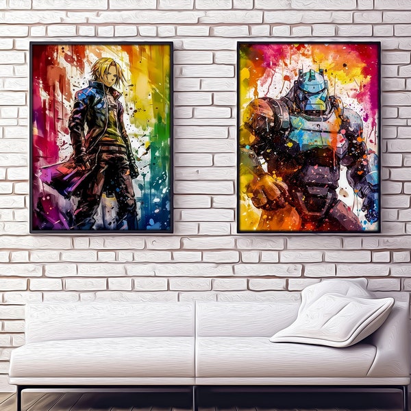 Poster Set of 2 Popular shounen anime characters - watercolor poster, nursery room, wall decor Art, Fabric and Paper Print / tapestry