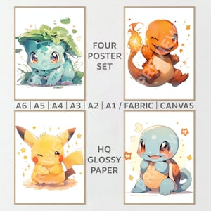 Poster Set of 4 Popular cute monsters gen 1 - kawaii HQ poster, kids nursery room, wall decor Art, Fabric / Paper Print / tapestry canvas